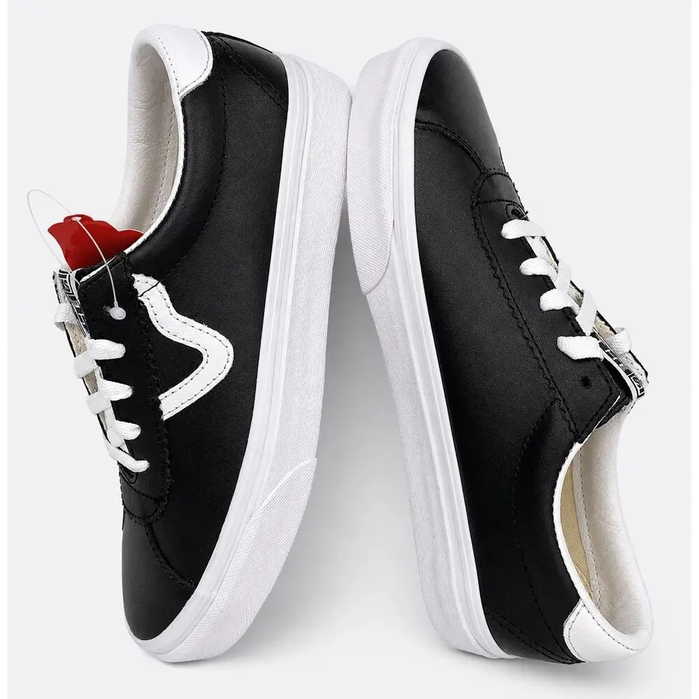 Vans Sport Leather Sneakers Women’s 8 Men’s 6.5 Black White Flying V NWOB